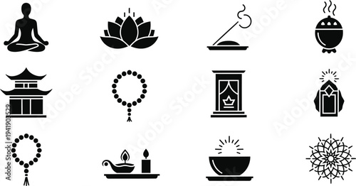 Black and white icons representing various spiritual and meditation symbols