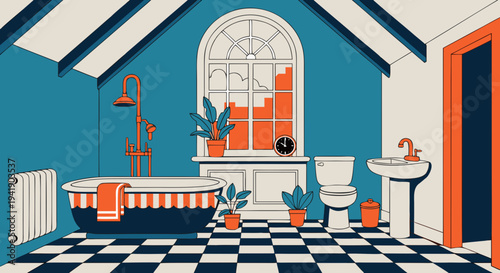 Elegant attic bathroom with bathtub .vector icon
Elegant attic bathroom with freestanding bathtub and natural light from a window.