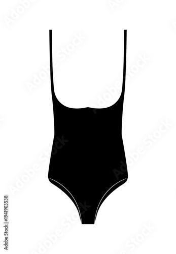 Black silhouette of women one piece swimsuit with deep neckline and thin straps. Vector illustration of swimwear isolated on white background.
