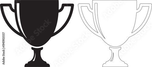 Black and white trophy cup icon set with handles and pedestal