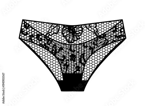 Black silhouette of women lace panties with floral pattern and mesh texture. Vector illustration of elegant female lingerie isolated on white background.