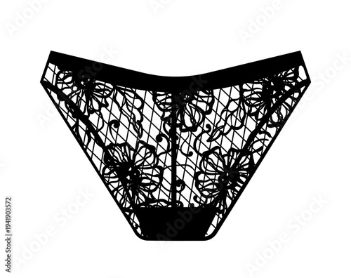 Black silhouette of women lace panties with floral ornament and mesh texture. Vector illustration of elegant female lingerie isolated on white background.