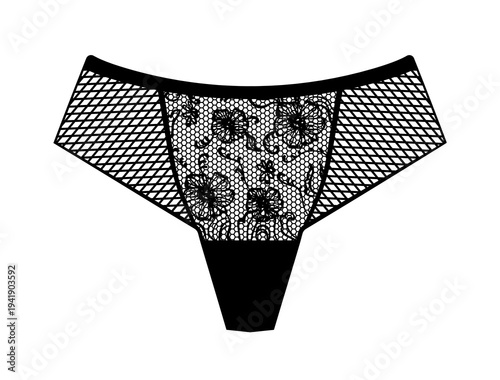 Black silhouette of women thong panties with mesh texture and floral lace pattern. Vector illustration of elegant female lingerie isolated on white background.