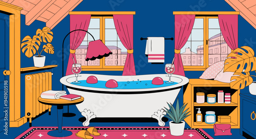 Elegant attic bathroom with bathtub .vector icon
Elegant attic bathroom with freestanding bathtub and natural light from a window.