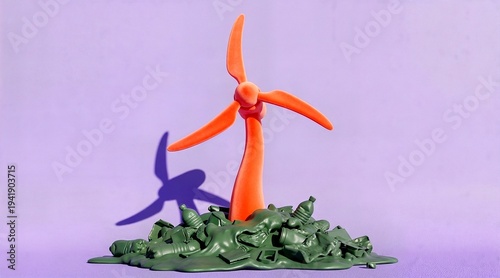 Colorful wind turbine model on green mound against purple background  