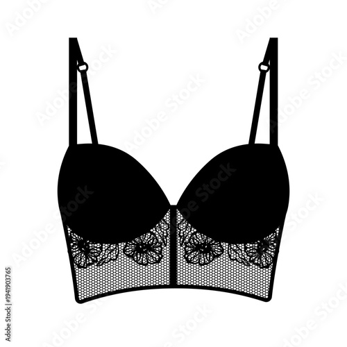 Black silhouette of a women's lace longline bustier bra with mesh band and floral embroidery. Vector illustration of elegant feminine lingerie isolated on a white background.