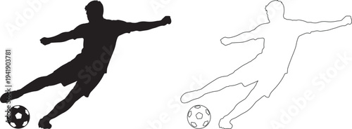Black silhouette of soccer player kicking ball with dotted outline version