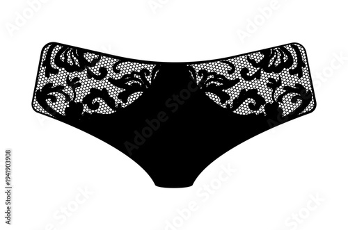 Black silhouette of women panties with lace upper panel and smooth lower part. Vector illustration of female lingerie isolated on white background.