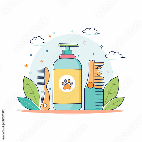 Pet Grooming Tools and Shampoo Bottle.