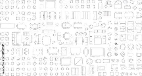 Isolated technical drawing on transparent background with various architectural elements