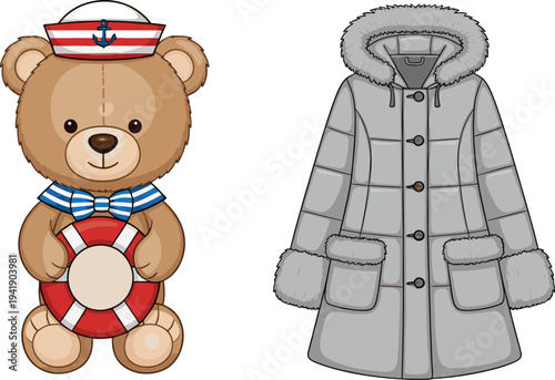 Cute sailor teddy bear with lifebuoy and warm winter coat illustration set representing nautical theme and cold season fashion concept