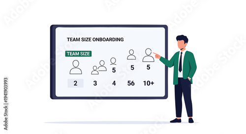 Vector illustration of man presenting team size onboarding chart