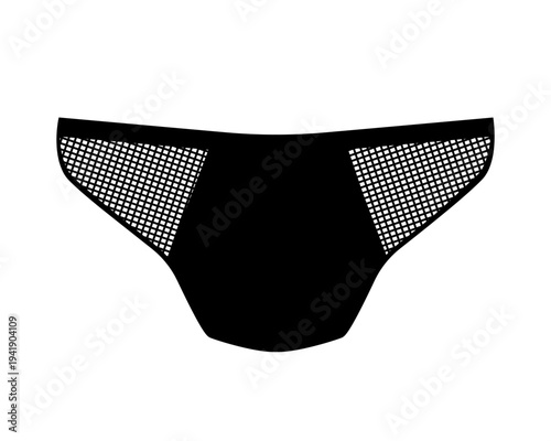 Black silhouette of women bikini bottoms with mesh side panels. Vector illustration of female swimwear isolated on a white background.