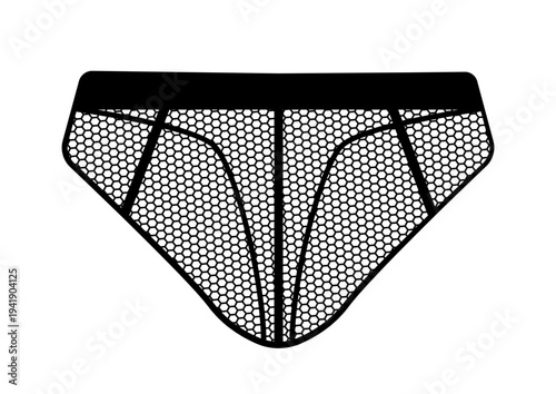 Black silhouette of men briefs with mesh texture and front seam panels. Vector illustration of male underwear isolated on white background.