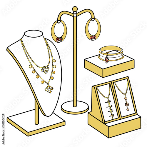 Gold jewelry display with necklaces bracelets earrings