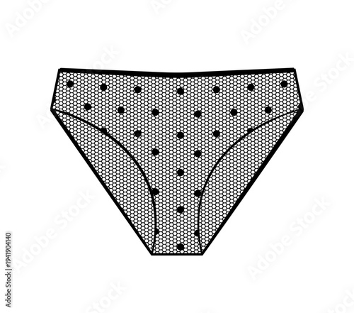 Black silhouette of women mesh panties with polka dot pattern. Vector illustration of female lingerie isolated on white background.