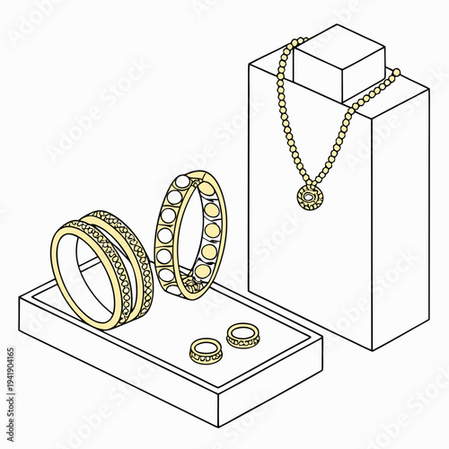 Gold jewelry display with rings and necklace on pedestals