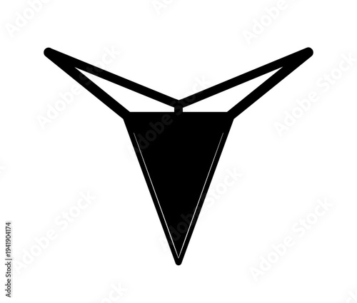 Black silhouette of women thong panties with thin side straps and narrow shape. Vector illustration of female lingerie isolated on white background.
