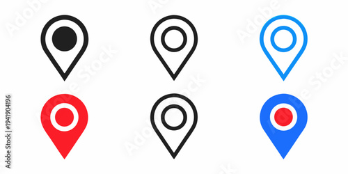 A set of six location pin icons in varying colors and styles
