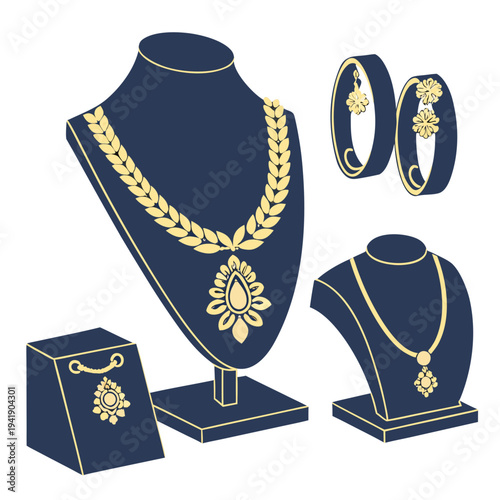 Gold jewelry display on blue velvet stands and box