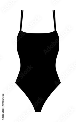 Black silhouette of women bodysuit with thin spaghetti straps. Vector illustration of female lingerie isolated on white background.