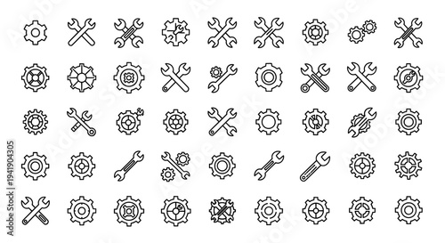 Wrench and gear icon set for industrial maintenance
