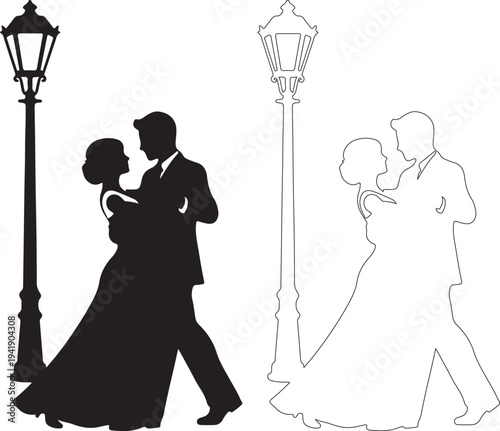 Black and white silhouettes of couple dancing under street lamps romantically