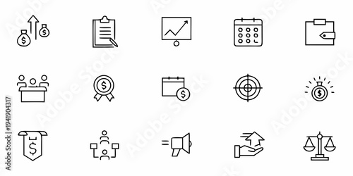 Collection of business and finance related line icons in black and white