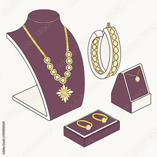 Gold jewelry display with necklace bangle earrings and ring on purple stands