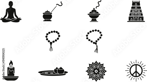 A collection of black and white religious and spiritual symbols