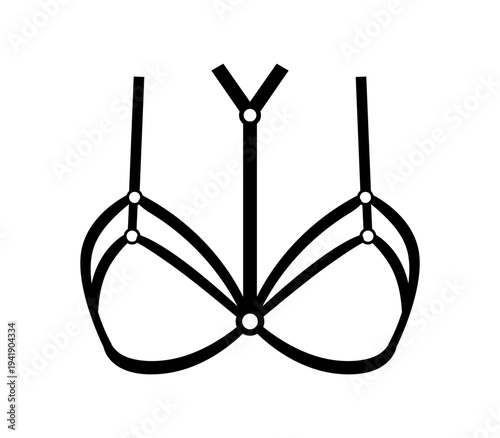 Black silhouette of a structured bra with elastic straps and decorative cutouts. Vector illustration of fashionable women lingerie isolated on a white background.