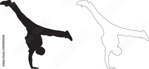 Silhouette of a person doing a handstand with dotted line outline