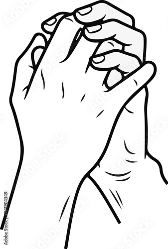 A black and white line drawing shows two hands clasped together in a gesture of prayer or supplication