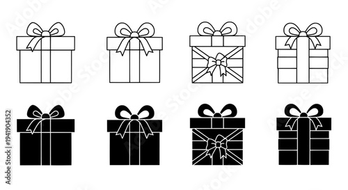 Gift box icons set with ribbon bows in line and silhouette style
