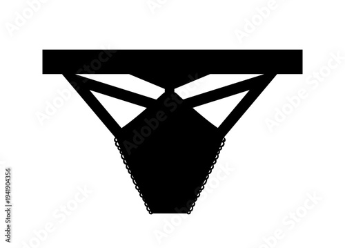 Black silhouette of women panties with crossed back straps and decorative design. Vector illustration of female lingerie isolated on white background.