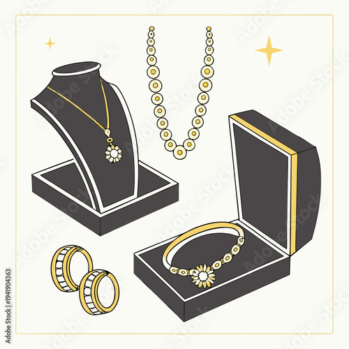Gold jewelry display with necklace bracelet and rings