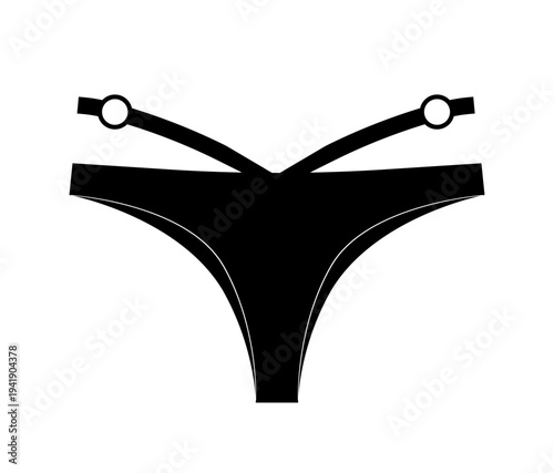 Black silhouette of women thong panties with side straps and ring details. Vector illustration of female lingerie isolated on white background.