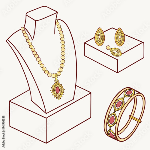 Gold jewelry display with necklace earrings and bracelet