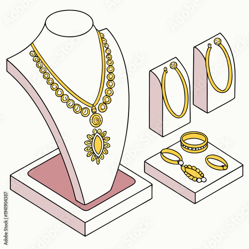 Gold jewelry display with necklace earrings and bracelets 3