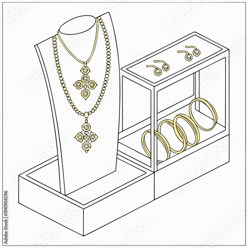 Gold jewelry display with necklace earrings and bracelets 4