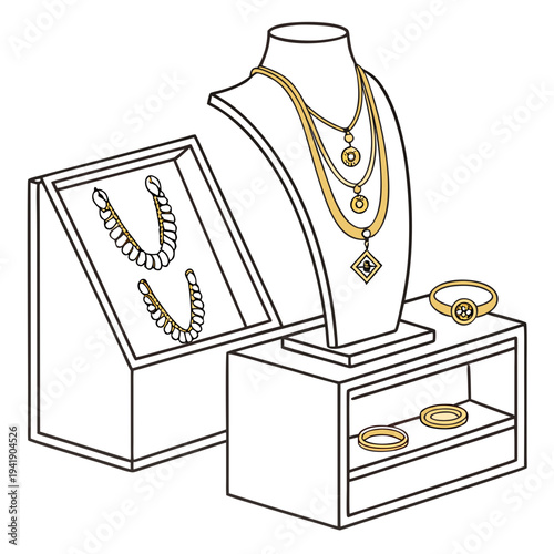 Gold jewelry display with necklaces bracelets and rings