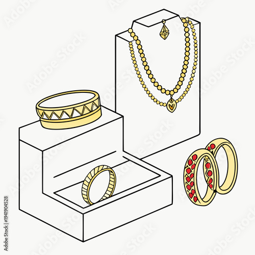 Gold jewelry presentation with necklaces and rings on display stands