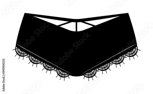 Black silhouette of women panties with decorative lace trim and back cutout detail. Vector illustration of female underwear isolated on white background.
