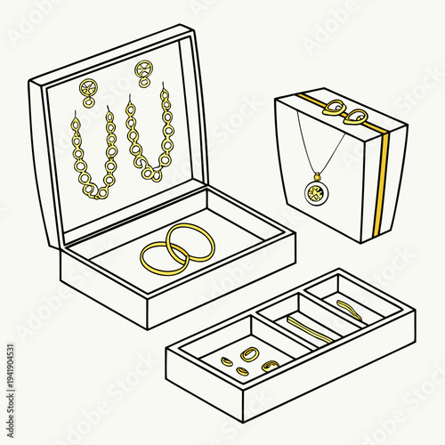 Gold jewelry showcase with necklaces earrings rings