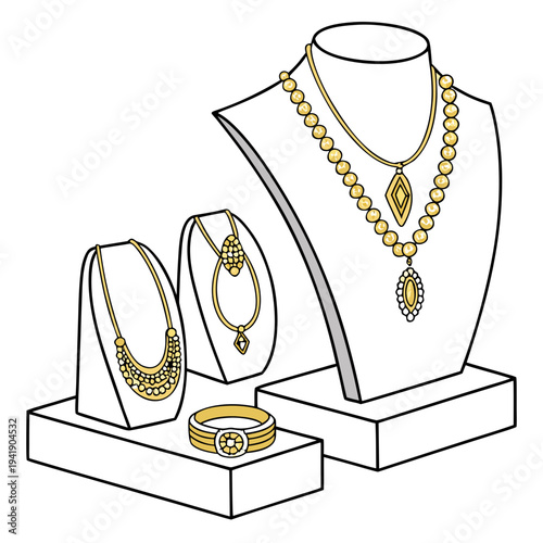 Gold jewelry showcase with necklaces and ring on display
