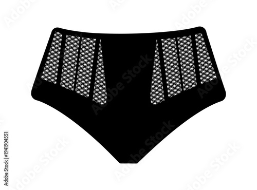 Black silhouette of women panties with mesh panels. Vector illustration of female lingerie isolated on white background.