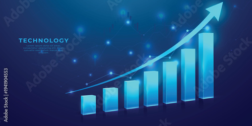 Abstract Abstract digital growing arrows up graph chart on technological blue low poly wireframe background. Boosting of business result concept. Polygonal finance glowing illustration. 
