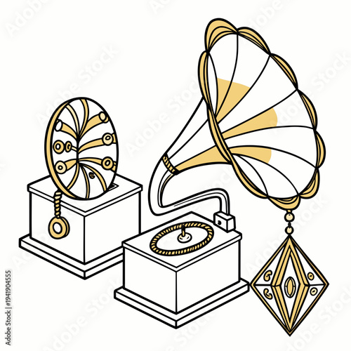 Golden gramophone and phonograph vintage antique music