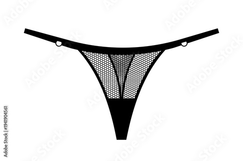 Black silhouette of women mesh thong panties with thin side straps. Vector illustration of female lingerie isolated on white background.