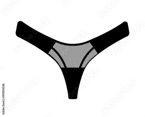 Black silhouette of women mesh thong panties. Vector illustration of female lingerie with mesh insert isolated on white background.
